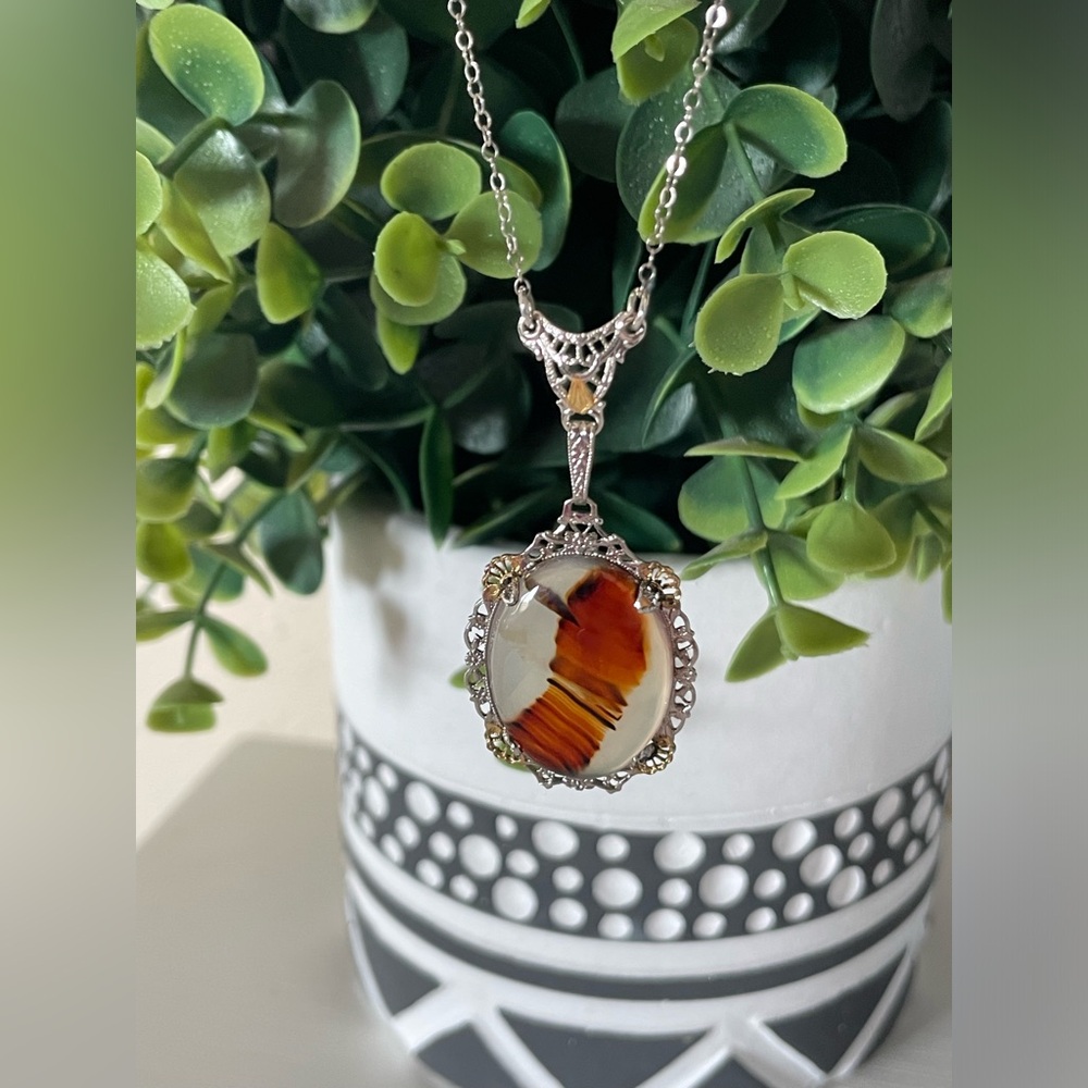 Vtg Art Deco Era Dendritic Moss Agate Two Tone Sterling Silver Lavalier Necklace
